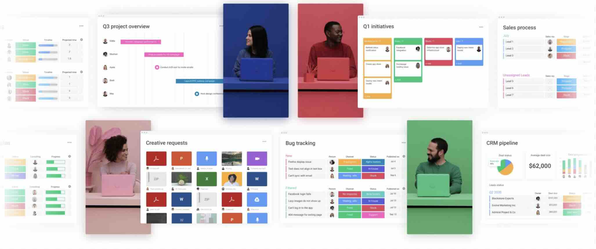 various monday.com boards and dashboards