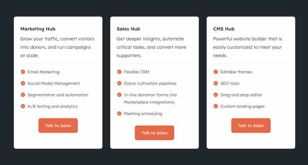 Hubspot CRM NonProfit home page screenshot marketing hub sales hub cms hub hubspot monday com nonprofit monday com not for profit