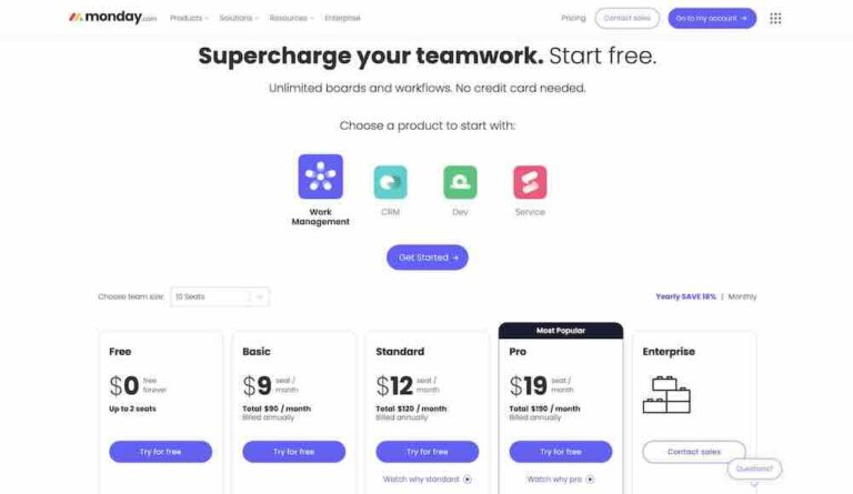 monday.com cost pricing page
