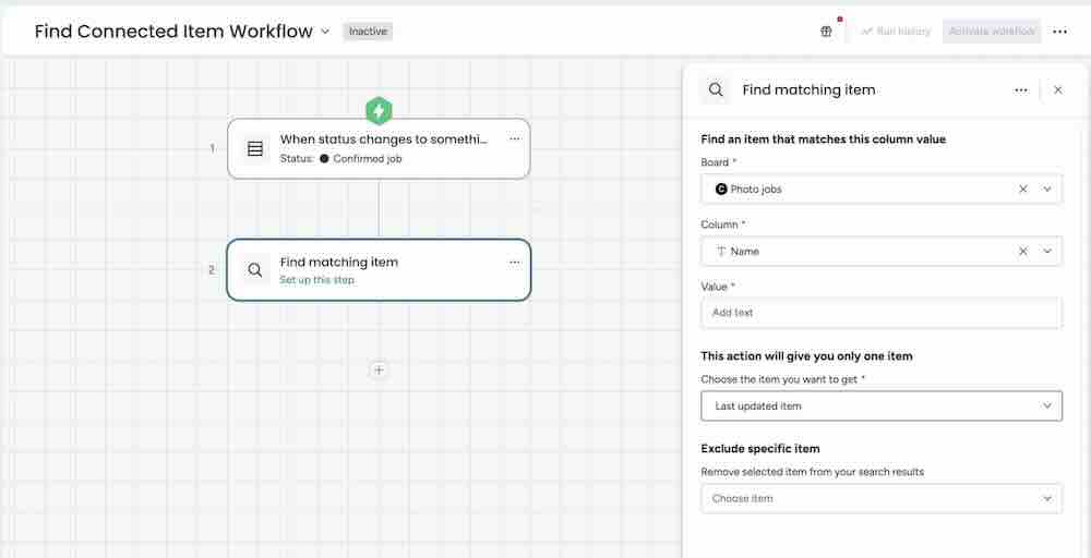 monday workflows find matching item