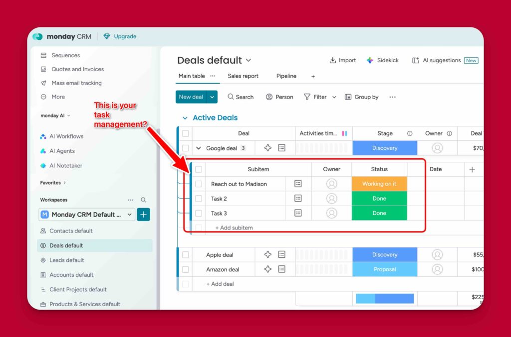 default task management in monday crm