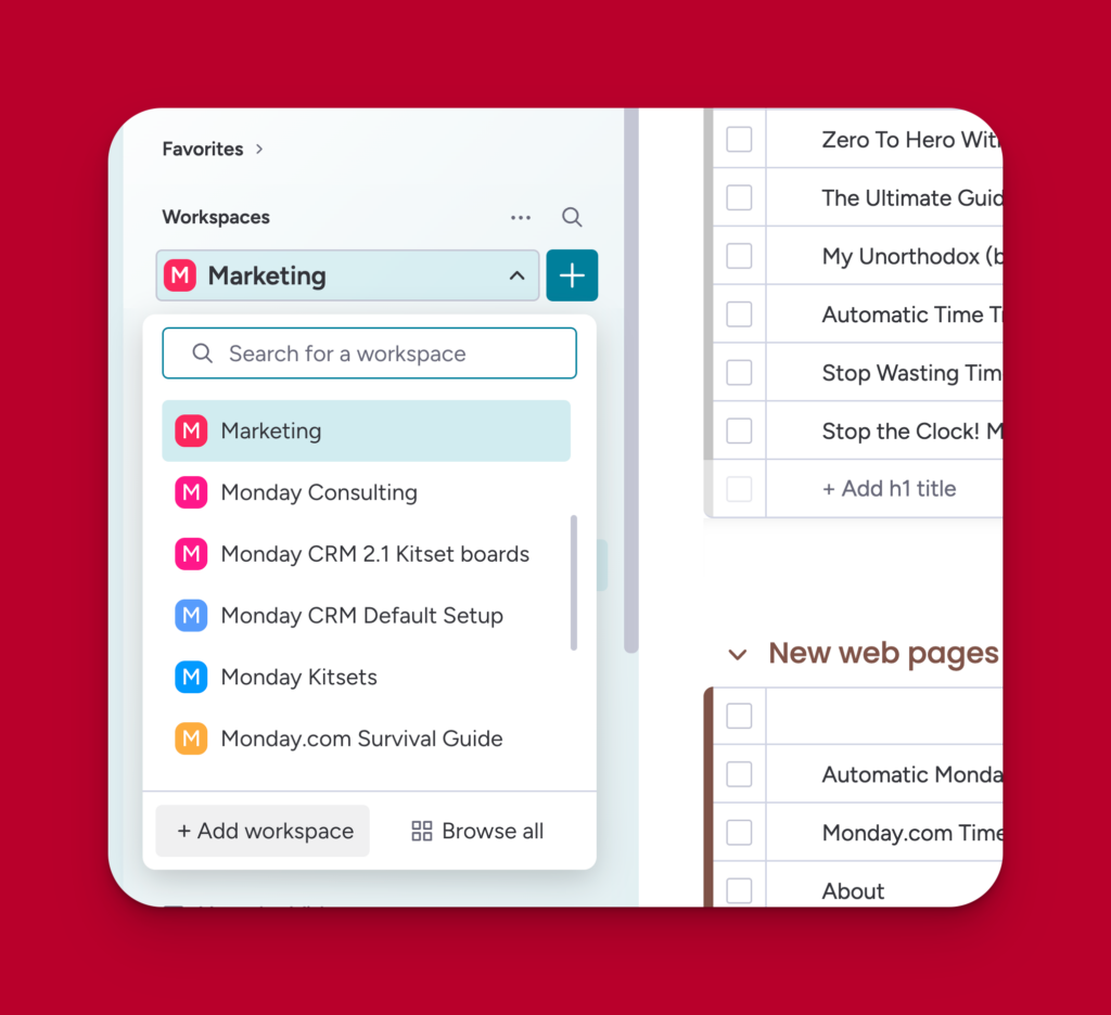 monday workspaces in sidebar