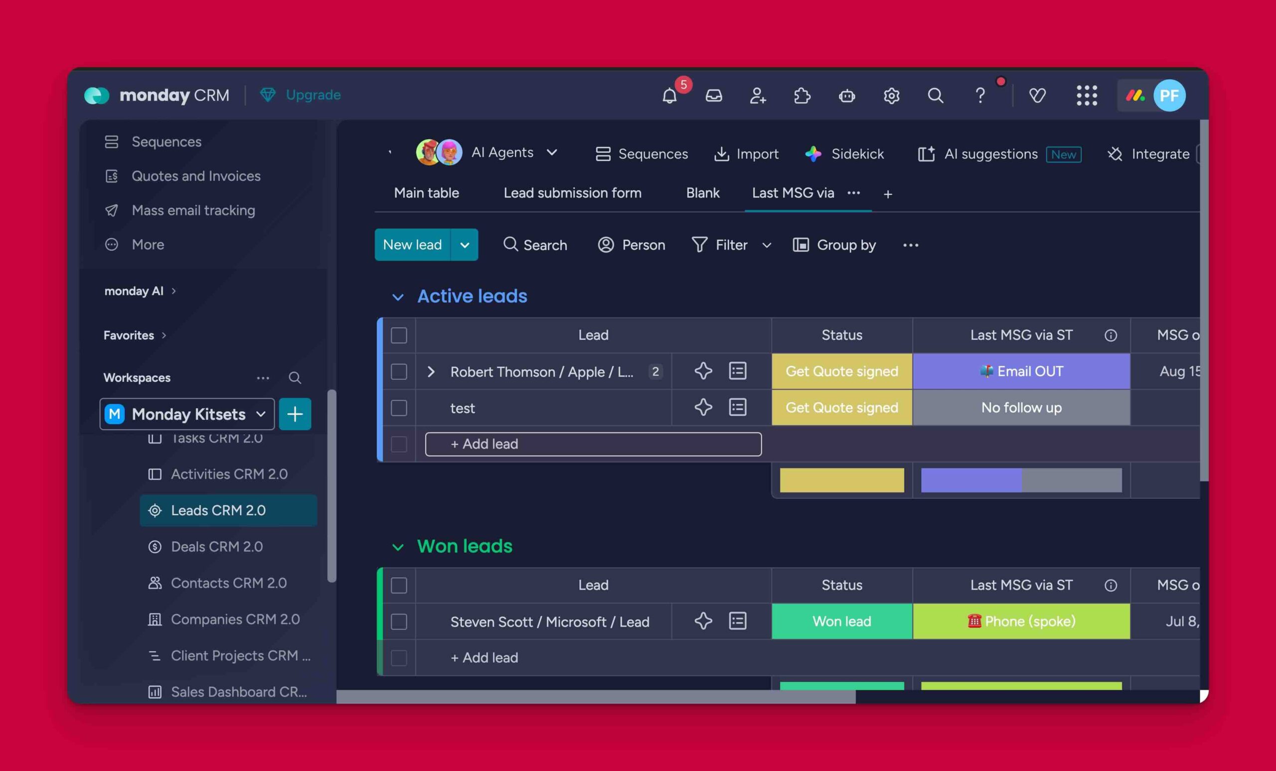 Monday Kitsets Monday CRM 2.0 Leads Board
